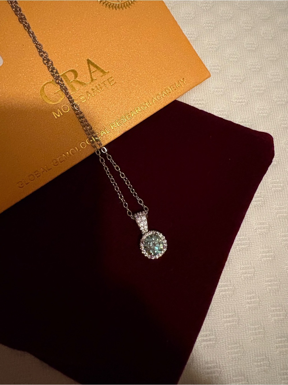 Moissanite Silver Halo Pendant Necklace in Light Blue